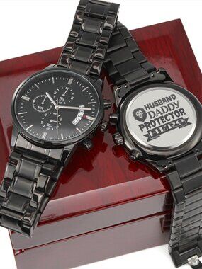 Husband Daddy Protector Hero Engraved Stainless Steel Watch Inspirational Mes